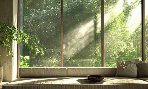 室内透过窗户看户外树林阳光