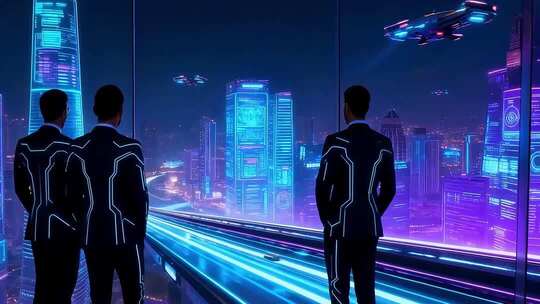 三人眺望未来科技城市景象