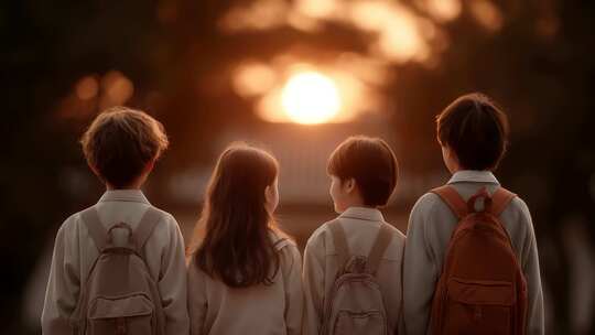 学生们眺望未来日出充满希望