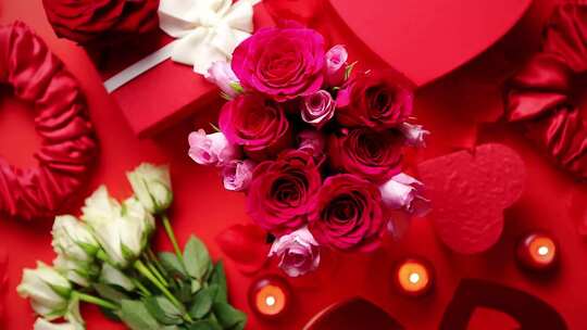情人节浪漫玫瑰花，红色背景上的情人节礼盒视频素材模板下载