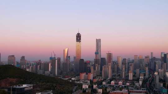 山东济南经十路中央商务区CBD晚霞夜景航拍