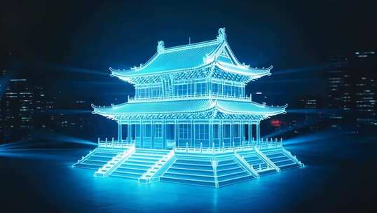 夜晚发光古风建筑效果