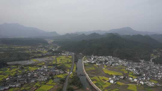 油菜花开 宣城市绩溪县伏岭村风光航拍素材