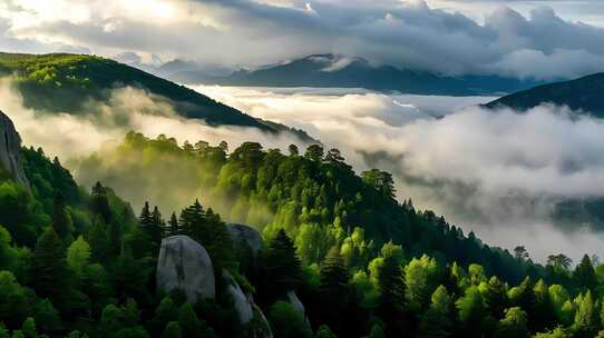 航拍云海山脉云雾缭绕绿色自然风光森林山峰