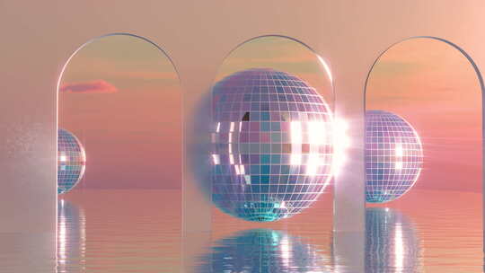 水上超现实日落讲台门户与镜面球浮动
