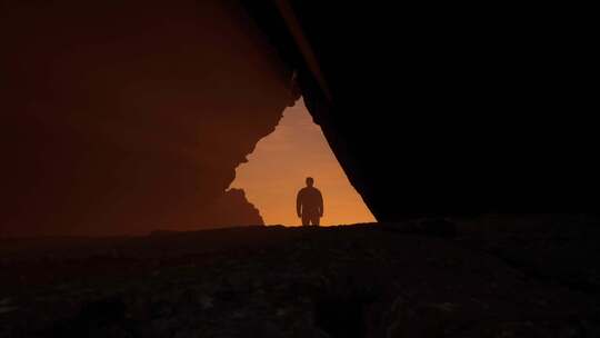 站在阳光照射下的岩石洞穴中的人视频素材模板下载