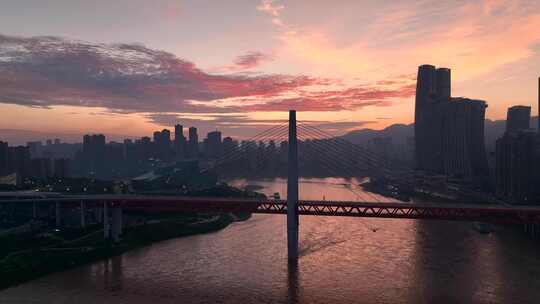 航拍重庆千厮门嘉陵江大桥朝霞城市景观视频素材模板下载