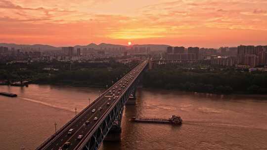 南京长江大桥晚霞夜景航拍风光