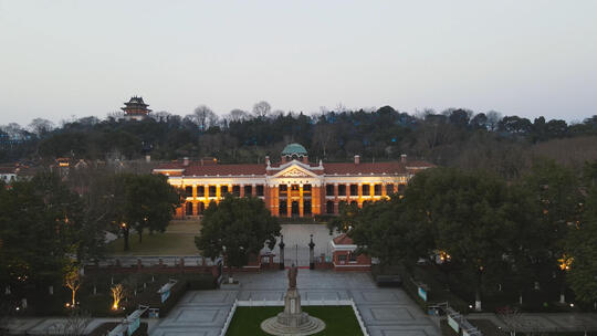 航拍武汉城市红色旅游地标鄂军都督府夜景