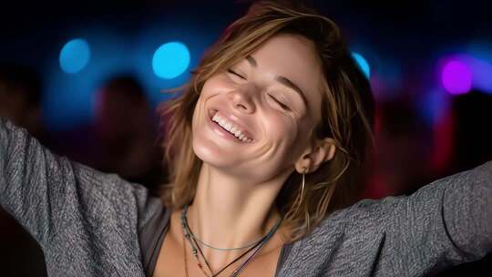 自由快乐的年轻女性享受夜晚派对