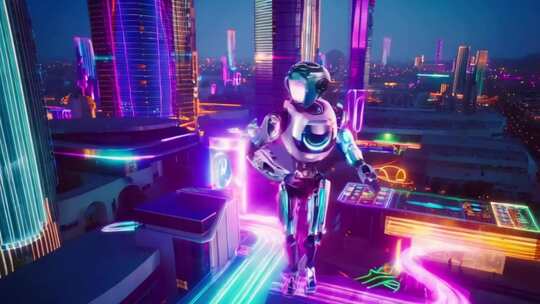 赛博朋克风城市中机器人画面