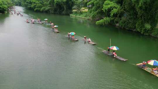 航拍桂林遇龙河竹筏漂流