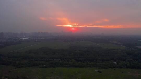 航拍西安汉长安城未央宫遗址公园夕阳全景