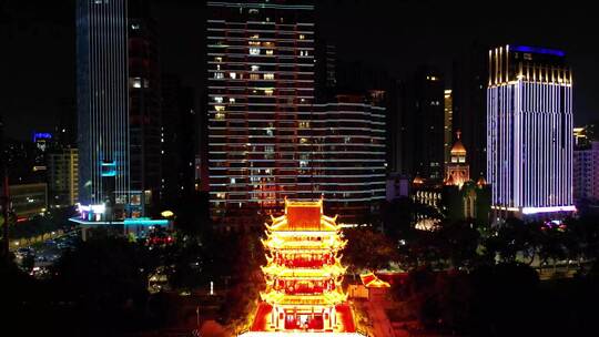 航拍湖北宜昌镇江阁夜景