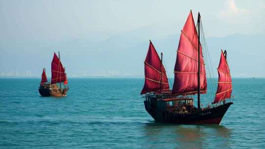 乘风破浪扬帆起航海鸥帆船航行海浪