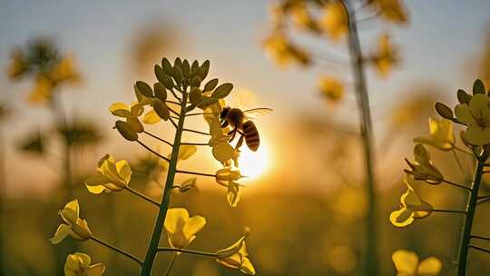 春天日落时分蜜蜂油菜花田采蜜微距