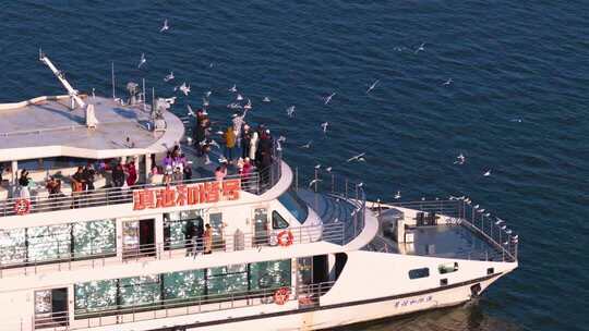 航拍滇池游船与海鸥