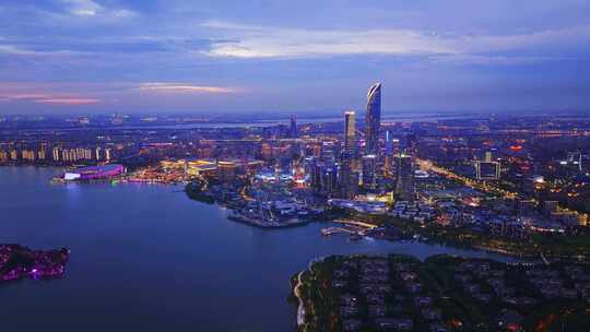 航拍苏州中心CBD金鸡湖东方之门城市夜景