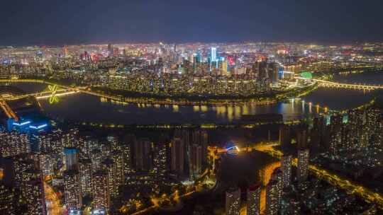 4K沈阳浑河两岸航拍城市夜景浑南金廊夜晚