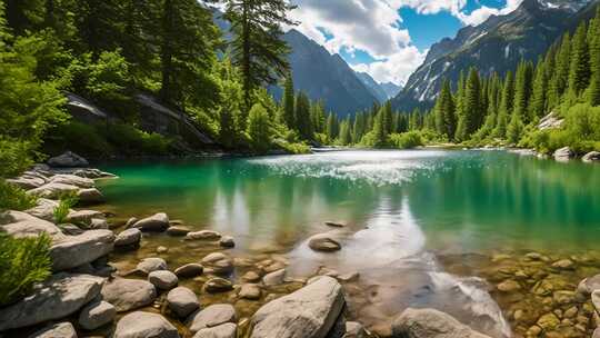 山林间碧绿湖水自然风光