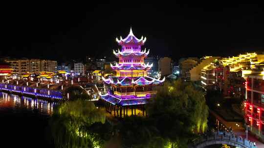 航拍贵州镇远古城夜景镇江阁夜景