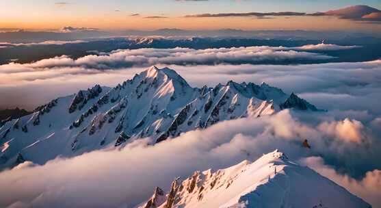 雪山晚霞日落美景壮丽云海自然景观