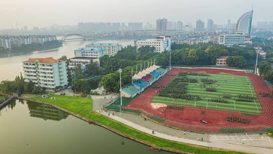 航拍鄂州湖北高校大学新生军训会操延时