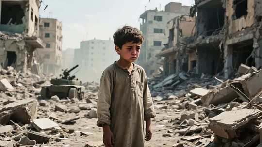 废墟中站立的小男孩