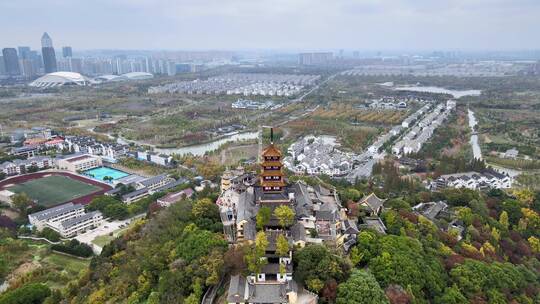 秋日阴天长江边的南通狼山广教禅寺视频素材模板下载