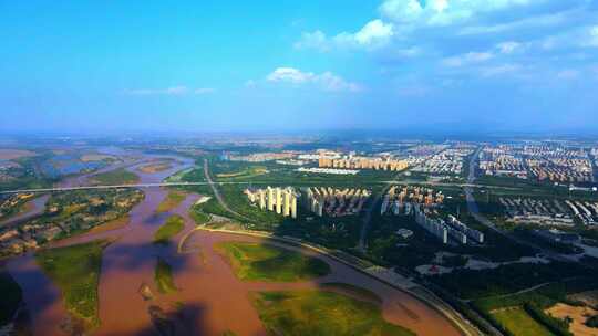 黄河平原-黄河大景航拍-生态城市视频素材模板下载