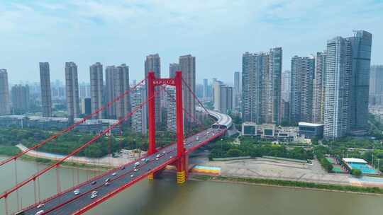 湖北武汉鹦鹉洲长江大桥航拍高楼大厦视频素材模板下载