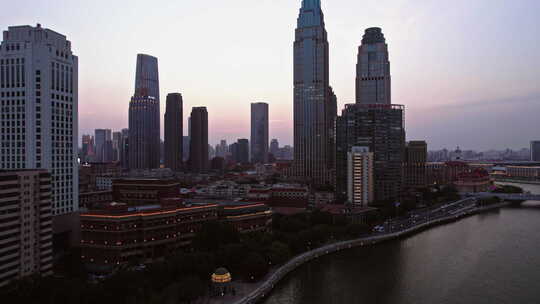 天津海河建筑风景线日落城市风光航拍