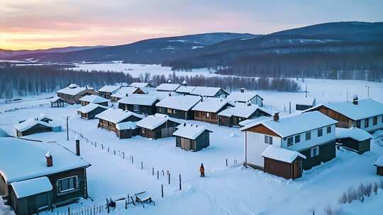 冬日雪境中的北极村木屋与冰雕景观