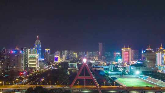 青海西宁中心广场昆仑桥夜景航拍延时