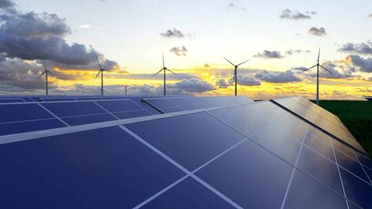 夕阳下光伏太阳能风能发电站新能源3D动画