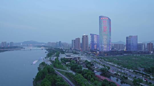 曹娥江夜景,喷泉,城市阳台,余坤国际广场