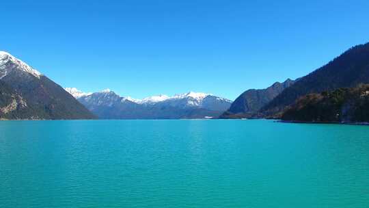 航拍西藏林芝巴松措景区雪山森林湖泊风光