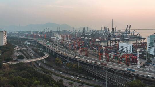 香港葵涌货运码头日转夜延时视频素材模板下载