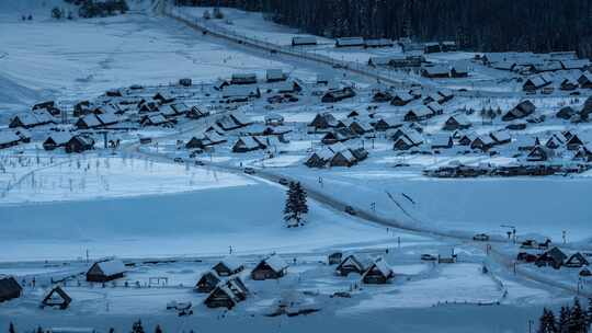 新疆北疆阿勒泰禾木冬季雪景童话世界延时