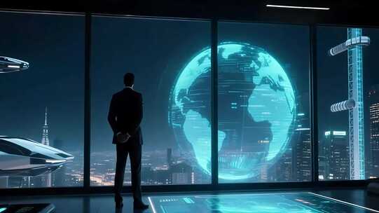 商务人士眺望未来科技城市景观