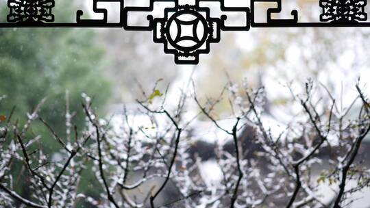 传统古建筑江南园林冬天下雪花纷纷升格
