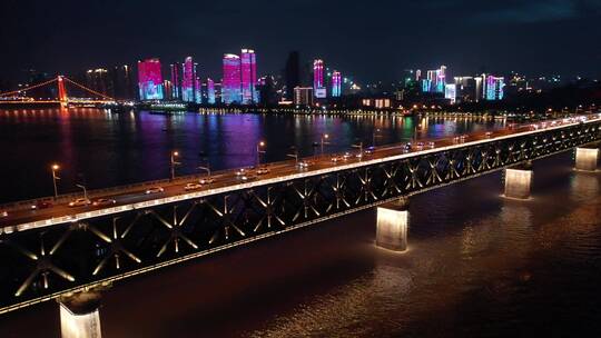 武汉长江大桥城市江景交通夜景航拍风光