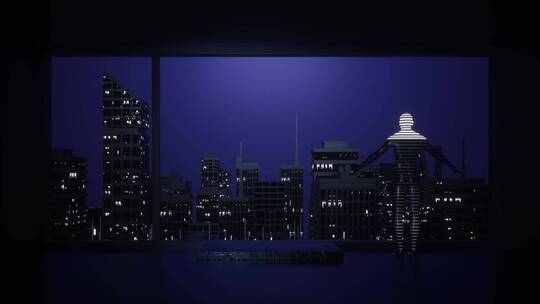 虚拟人和夜晚窗外现代城市建筑上升速度线