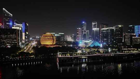 航拍杭州城市阳台夜景