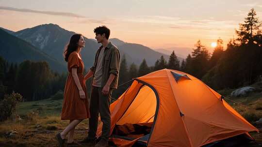 情侣户外露营对视场景