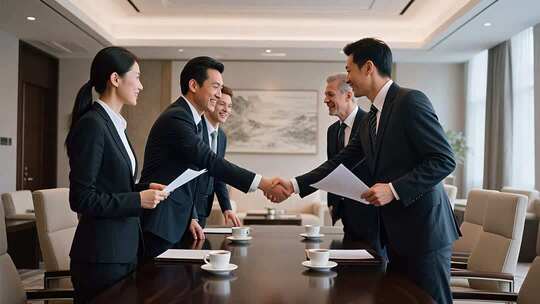 商务人士会议室握手合作