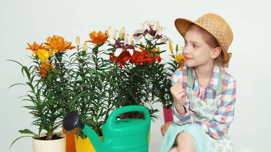 女孩坐在几盆花旁边吃棒棒糖