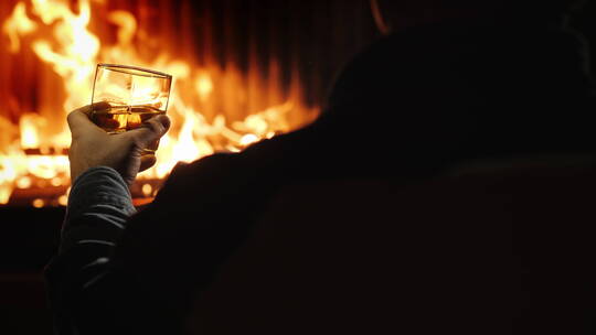 男人在火炉旁喝酒