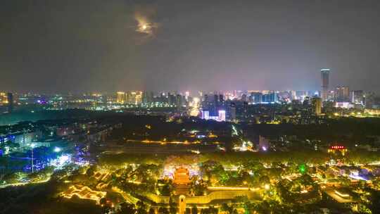 湖南岳阳城市夜景岳阳楼夜景航拍延时