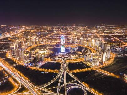 郑州大玉米夜景亮灯无人机航拍城市延时摄影